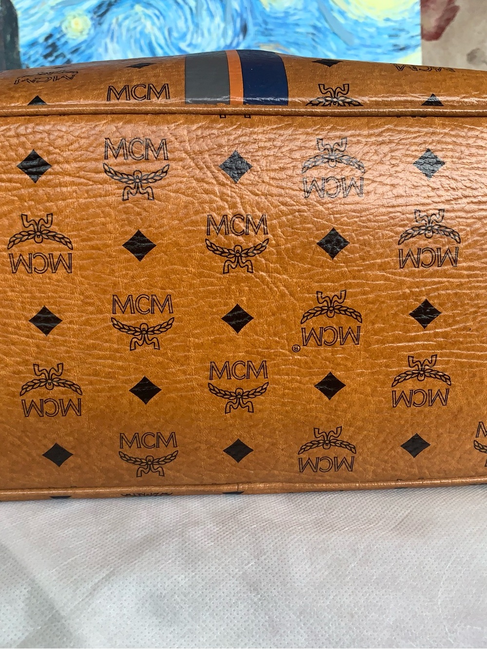 MCM Cognac Visetos Tote with Navy and Orange Center Stripe with Bone. EUC - Picture 5 of 16
